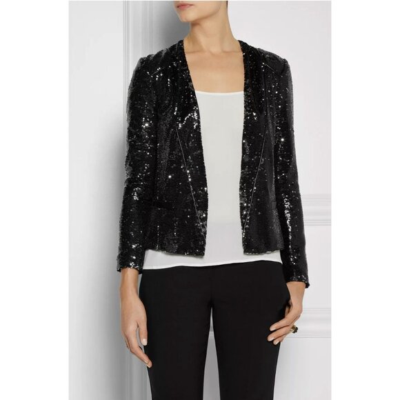 Maje Kevini Sequin Blazer Cropped Metallic Embellished Party Jacket Black medium - Picture 1 of 16